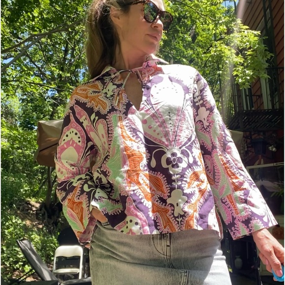 Zara PRINTED LINEN BLOUSE Women's Size S - Picture 9 of 12